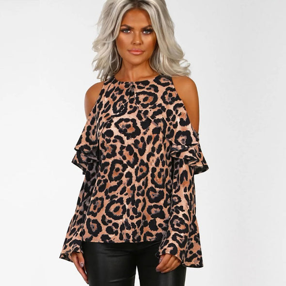 Fashion Leopard Off Shoulder Long Sleeve T-Shirt