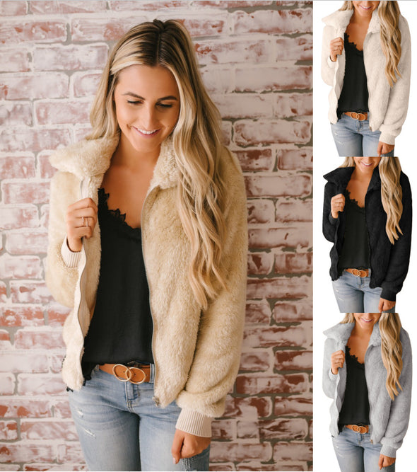 Simple Solid Stand-Neck Zipper Cardigan Coat