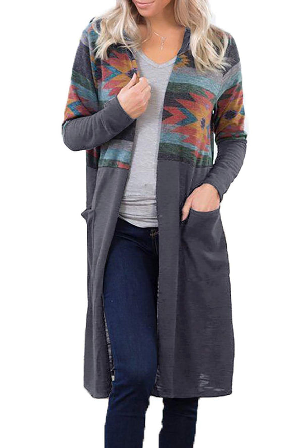 Long Print Stitching Knit Cardigan Hoodie