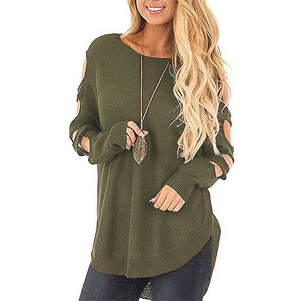 Strapless Shoulder Openwork Round Neck Sweaters