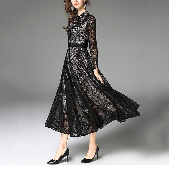 Bow Collar Lace Long-Sleeved Evening Dress