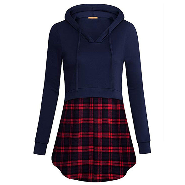 Long Sleeve Hooded Plaid Stitching Casual Irregular Sweatshirt