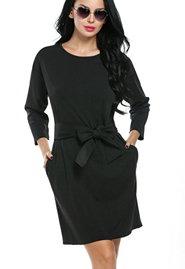 Round Neck Cropped Sleeves Pocket Dress