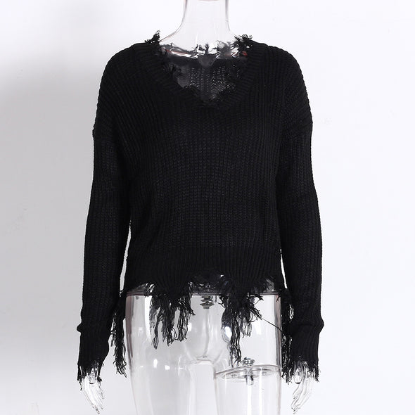 Fringed V-Neck Irregular Sweater