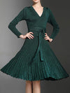 Women's New V-Neck Long Sleeve Knit Silk Pleated Dress