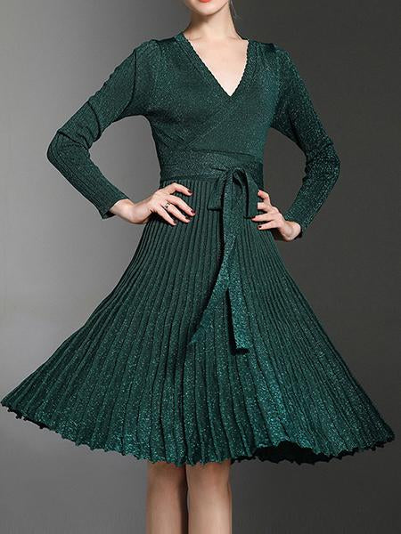 Women's New V-Neck Long Sleeve Knit Silk Pleated Dress