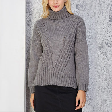 Split High Neck Collar Long Sleeve Sweaters