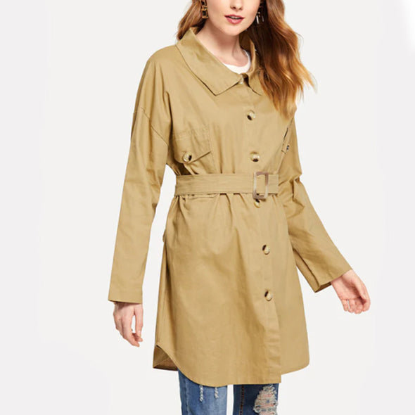 Fashion Button Long Sleeves Free Belt Windbreaker Coat