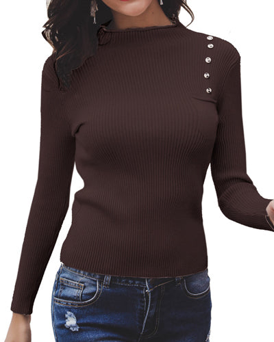 Solid Color Button Pocket Round Neck Long Sleeve Sweater