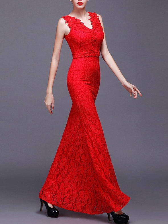 Celebrity V-Neck Plain Lace Mermaid Evening Dress