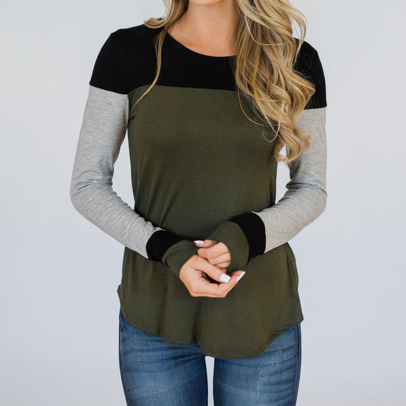 Round neck stitching long sleeve contrast T-shirt