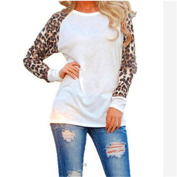 Round Neck Stitching Leopard Loose Long-Sleeved T-Shirt