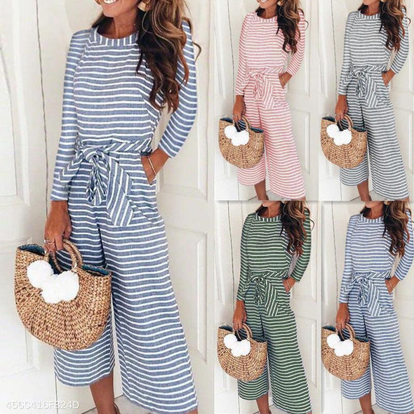 Round Neck Long Sleeve Stripes Lace Up Jumpsuits