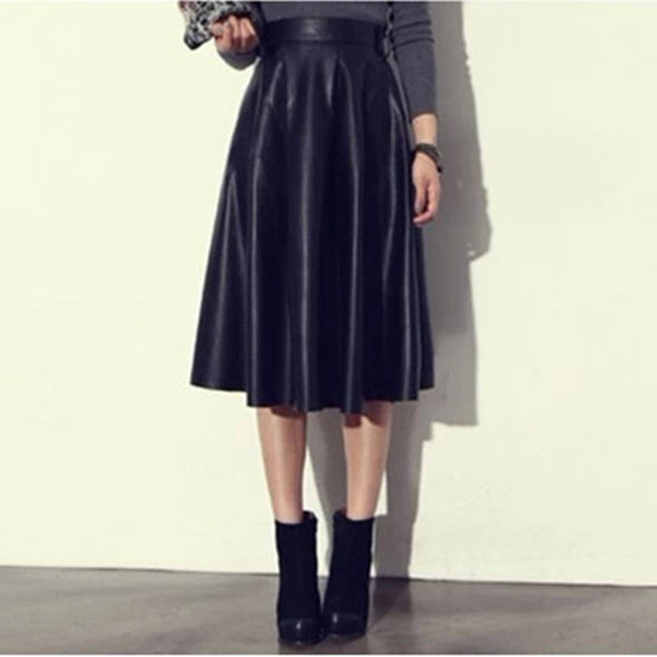 High Waist Slim Pleated Long PU Skirt Women