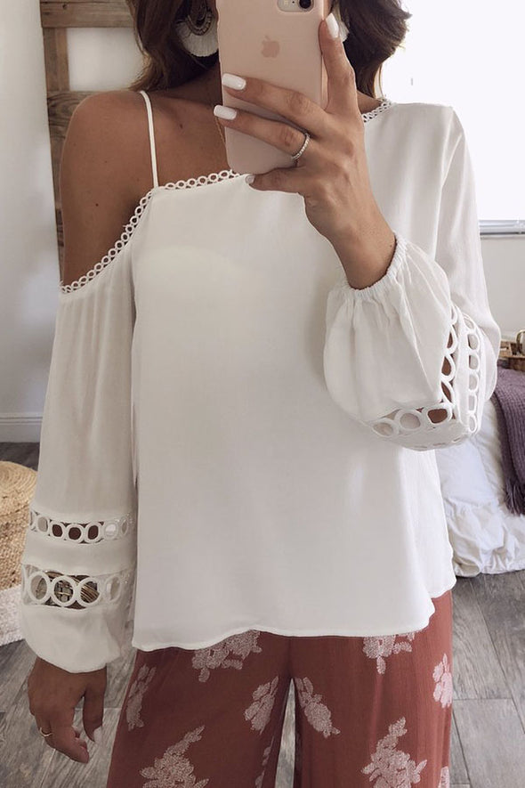 Slanted Shoulder Lace Stitching Hollow Solid Chiffon Shirt