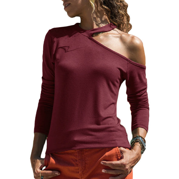 V-NeckBeveled Off-The-Shoulder Long Sleeve T-Shirt