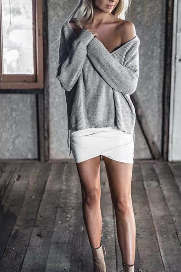 Asymmetric Neck  Asymmetric Hem  Plain Sweaters