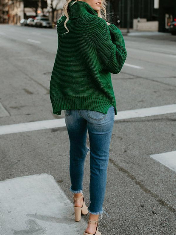 Thick Line Long Sleeve High Neck Pullover Knit Sweater