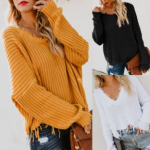 Long Sleeve V-Neck Solid Color Backless Loose Sweater