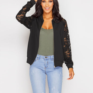 Solid Color Lace Long Sleeve Zip Jacket