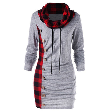 Plaid Straight-Breasted Stitching High-Neck Sweatshirt