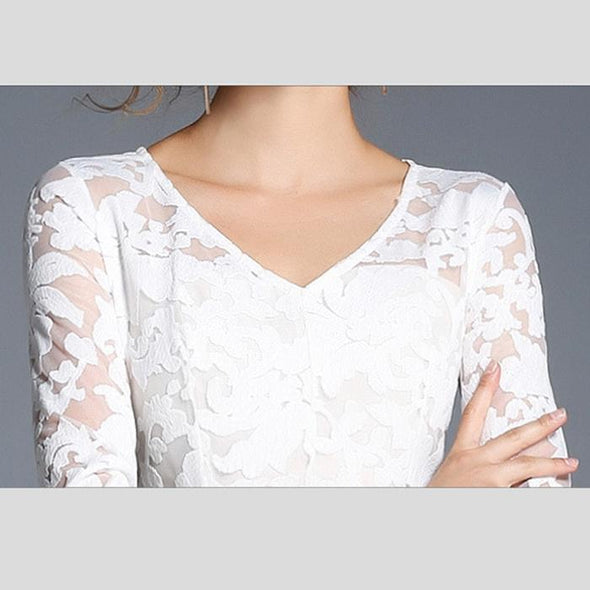 White V-Neck Lace Embroidery Party Dress