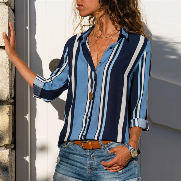 Women's Casual Striped Long-Sleeved V-Neck Shirt