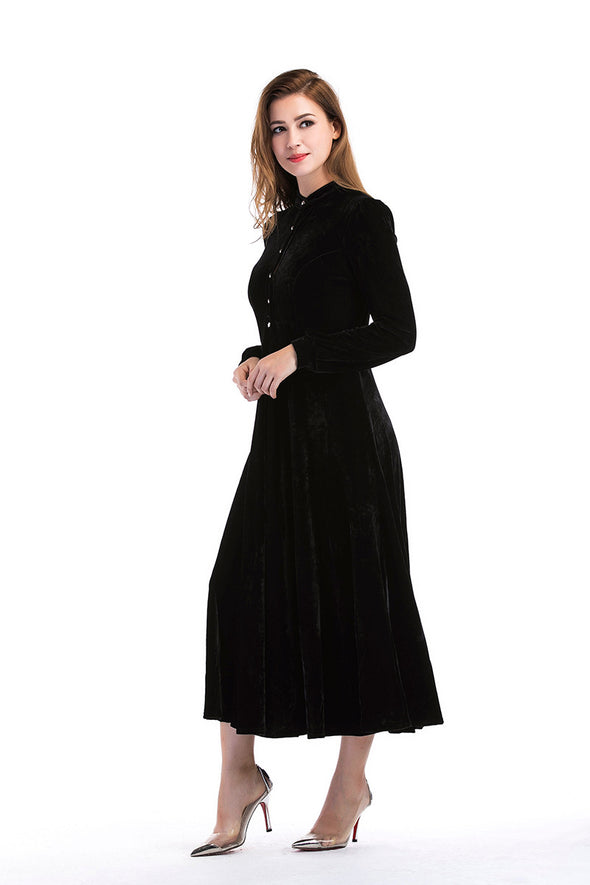 New solid color O-neck long sleeve waist A-line dress