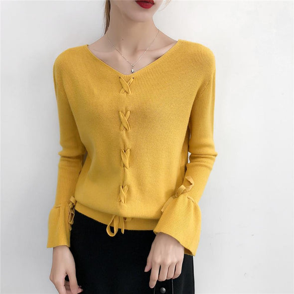 V-Neck Trumpet Sleeve Sweater