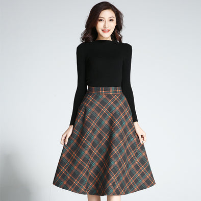 Woolen Plaid High Waist A-Line Skirt