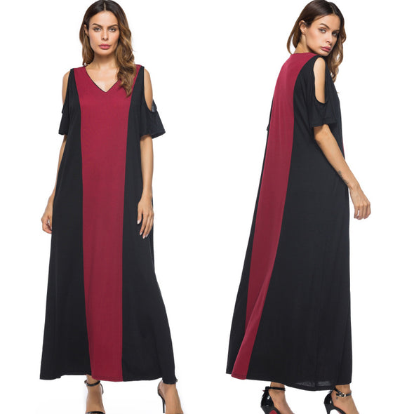 Fashion Color Stitching V-Neck Off Shoulder Maxi Dress