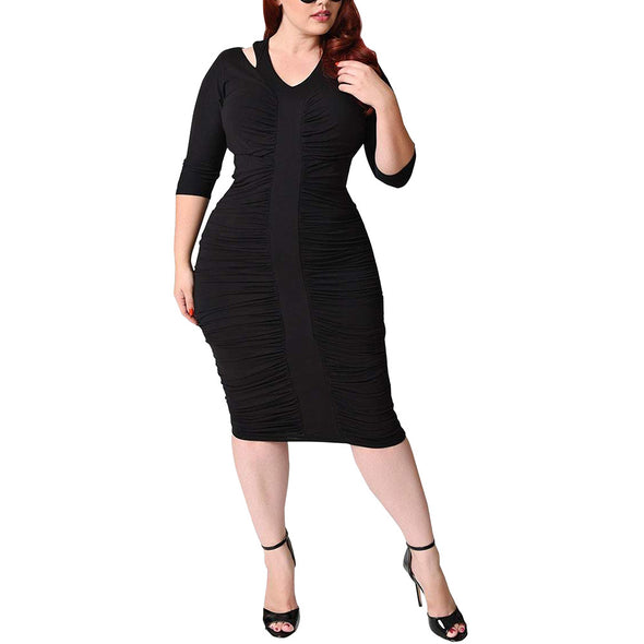 Mid Sleeve Solid Color Pleated Bodycon Dress