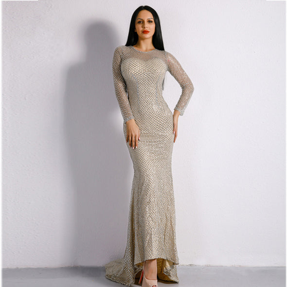 Sexy O-neck long sleeve mesh openwork slim evening dress