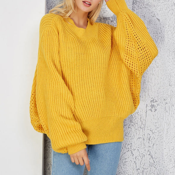 Bat Sleeve Round Neck Hollow Out Plain Knitting Sweater