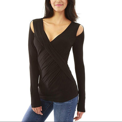 Sexy Skinny Solid Color V-Neck Long Sleeve T-Shirts
