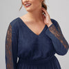 V-Neck Long-Sleeved Lace Stitching Solid Color Dress