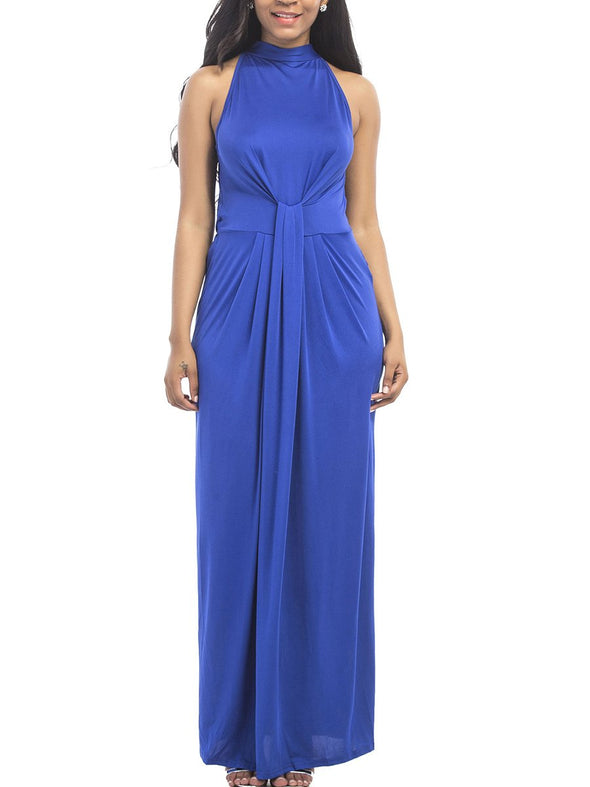 Band Collar Ruched Plain Evening Dress