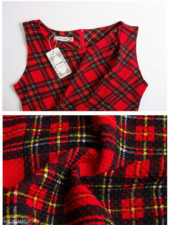 Fashion Red Plaid Sleeveless Slim Bodycon Dress