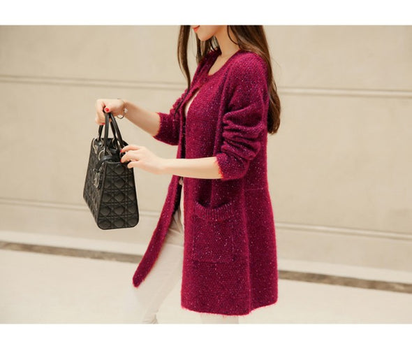 Pure Color Long Sleeve Round Neck Loose Cardigan Outwear