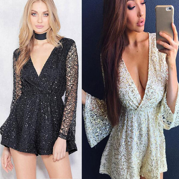 Sexy Solid Deep V-Neck Hollow Lace Embroidery Jumpsuit