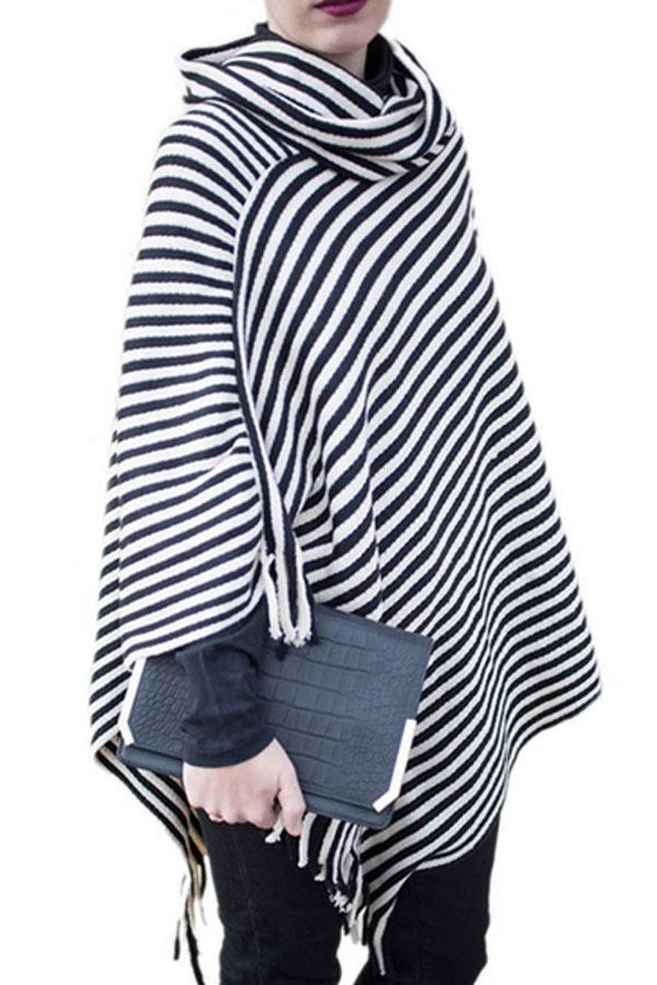 Cowl Neck  Striped  Tassel Cape  Sweaters