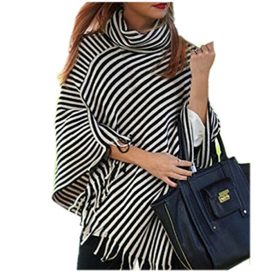 Striped Irregular Tassel Cloak High Collar Blouse T-Shirt