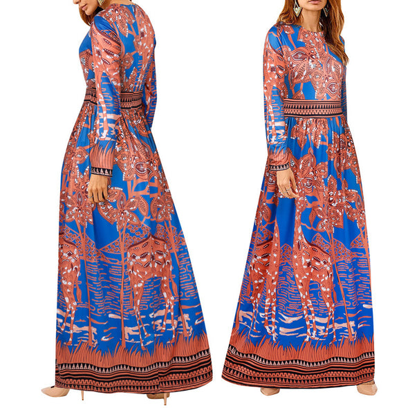 Fashion O-Neck Long-Sleeved Printed Dress