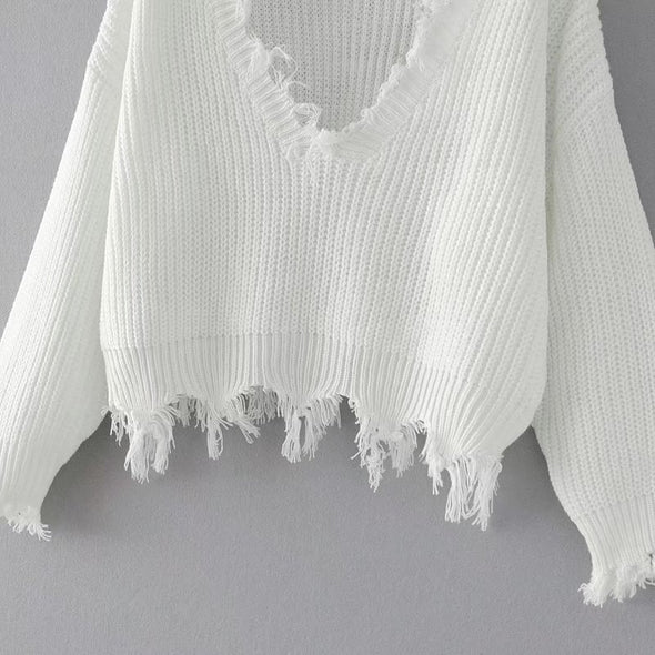 Fashion V-Neck Backless Tassel irregular Knitting Sweater