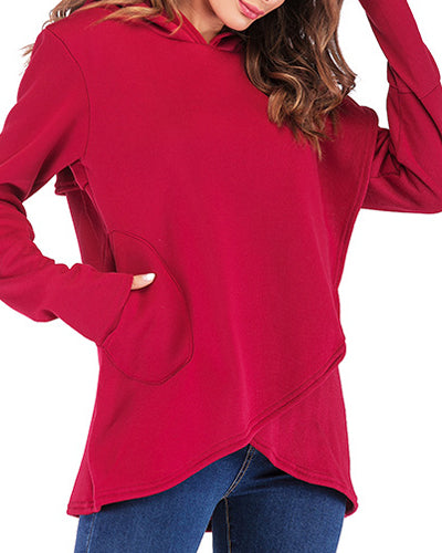 Long-Sleeved Fleece Solid Color Irregular Hooded Sweatshirt