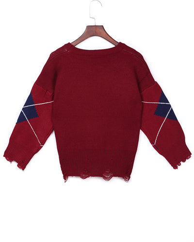 Loose Long Sleeve O-Neck Diamond Sweater