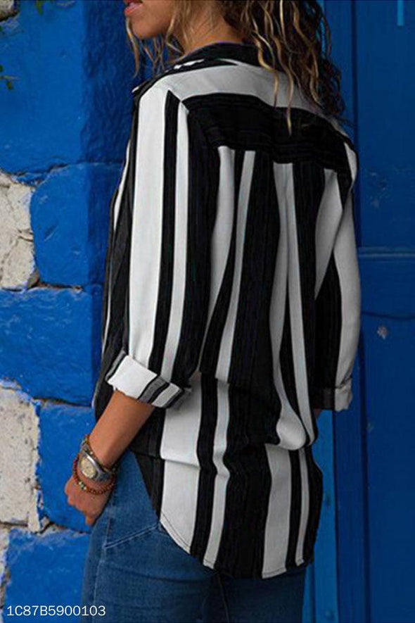 Turn Down Collar  Asymmetric Hem Single Breasted  Striped  Blouses