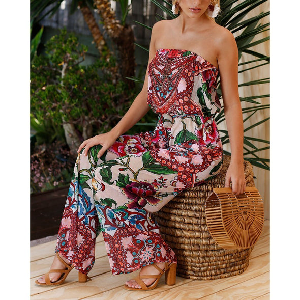 Fashion Printing Flower Strapless Jumpsuit