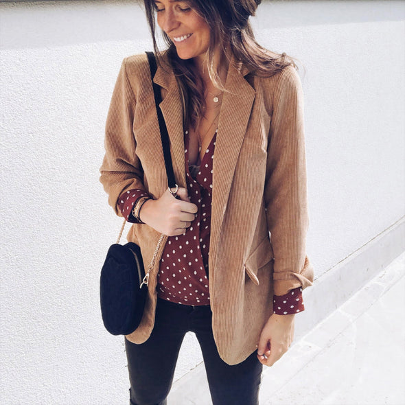 Pure Color Pocket Long Sleeve Lapel Blazer Outwear