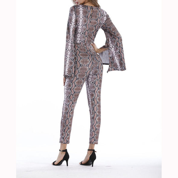 V-Neck Long Sleeve Snakeskin Jumpsuit